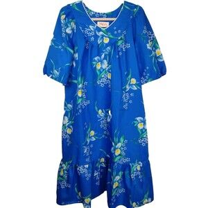 Hukilau Fashions Womens Mumu Tropical Hawaiian Dress Vibrant Blue Floral L Vtg